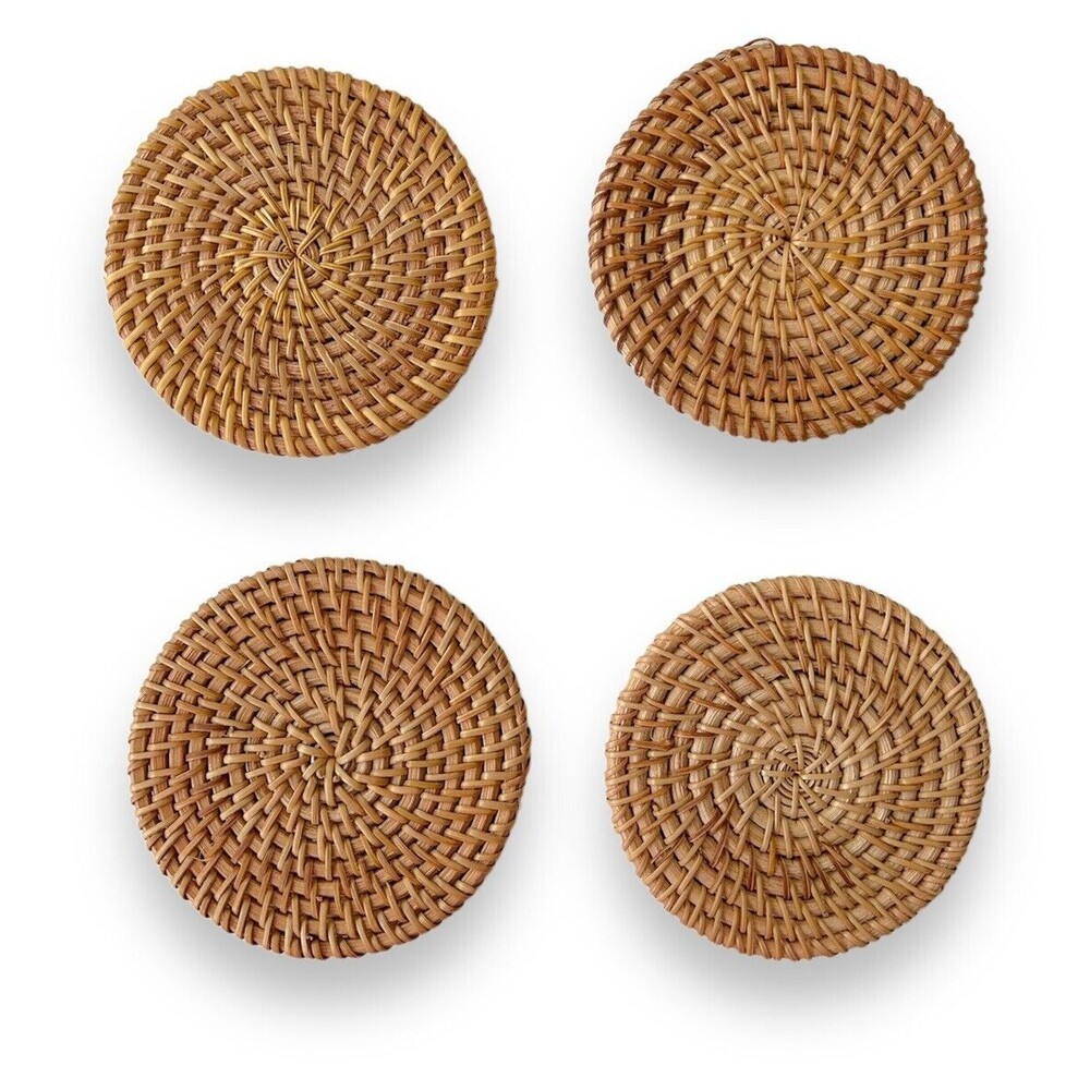 Set Of 4 Brown Rattan Coaster Wooden Bamboo Style Woven Wicker Straw